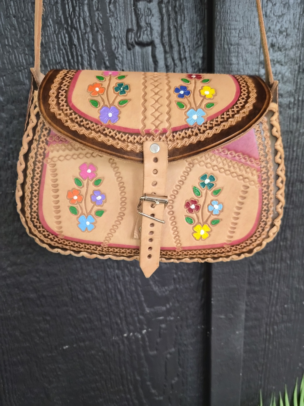 Handmade Floral Tooled Leather Crossbody Bag in Tan - Picture 1 of 7